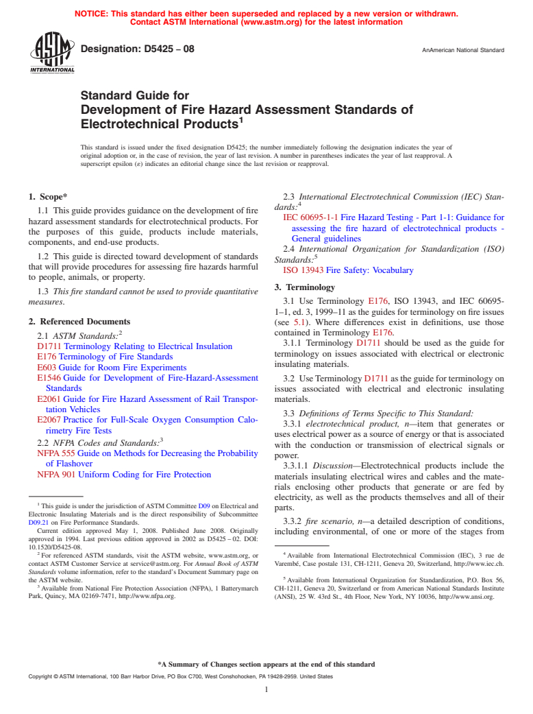 ASTM D5425-08 - Standard Guide for  Development of Fire Hazard Assessment Standards of Electrotechnical Products