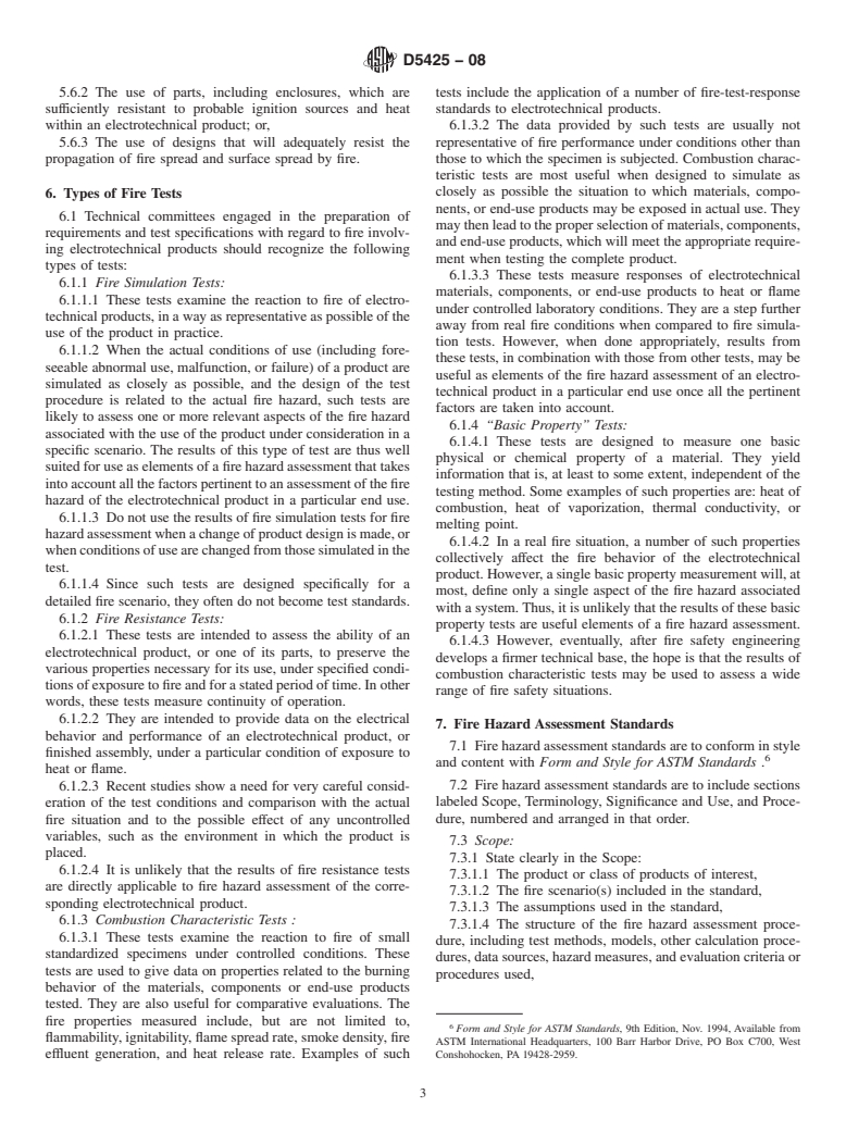 ASTM D5425-08 - Standard Guide for  Development of Fire Hazard Assessment Standards of Electrotechnical Products