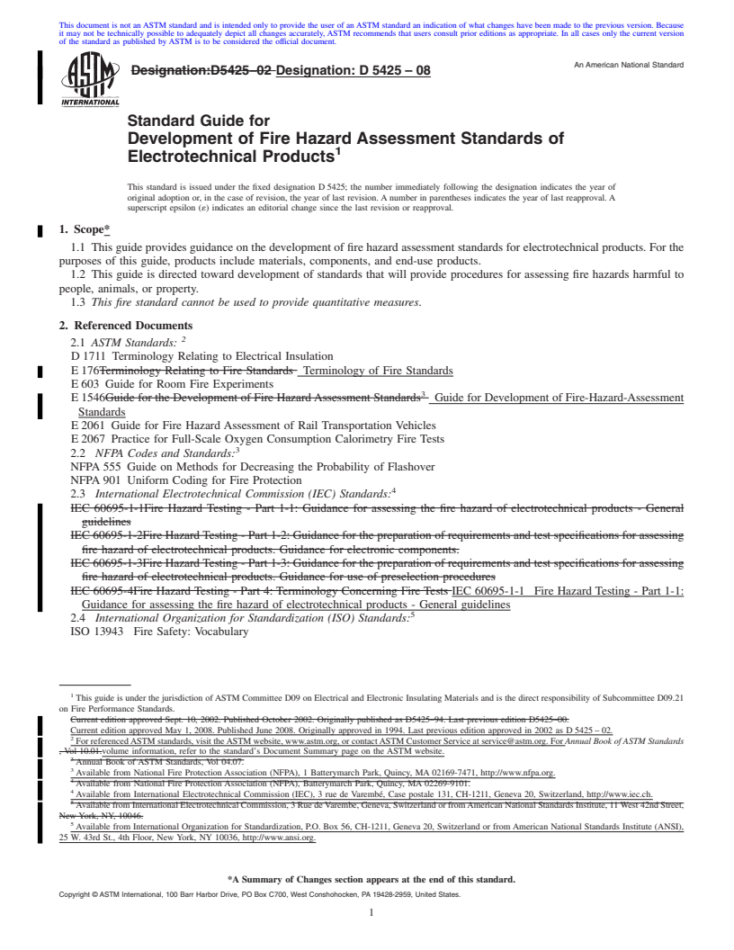 REDLINE ASTM D5425-08 - Standard Guide for  Development of Fire Hazard Assessment Standards of Electrotechnical Products