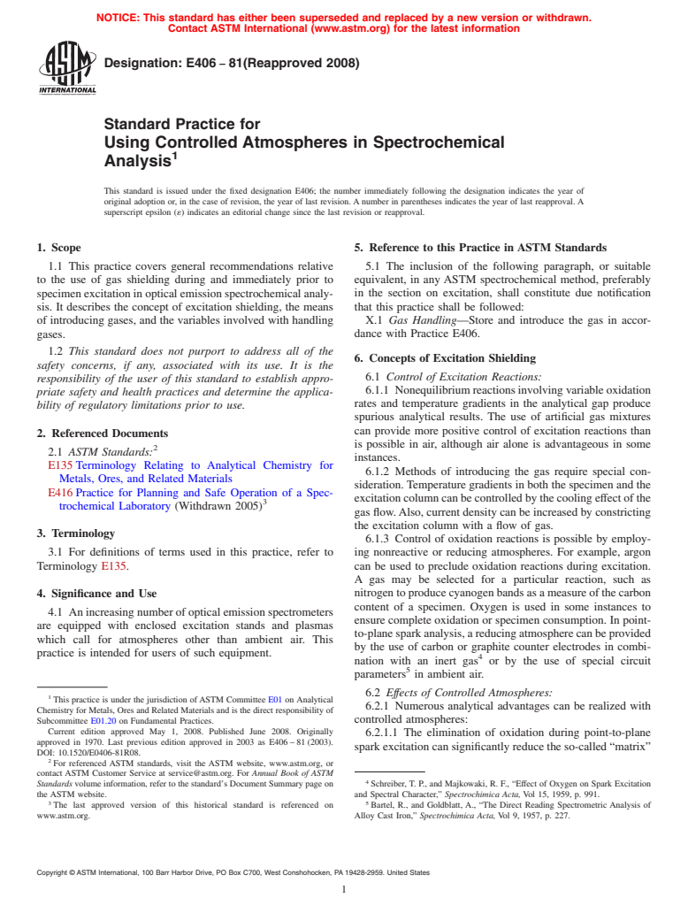 ASTM E406-81(2008) - Standard Practice for  Using Controlled Atmospheres in Spectrochemical Analysis