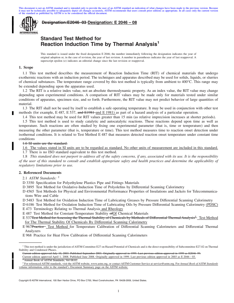 REDLINE ASTM E2046-08 - Standard Test Method for Reaction Induction Time by Thermal Analysis