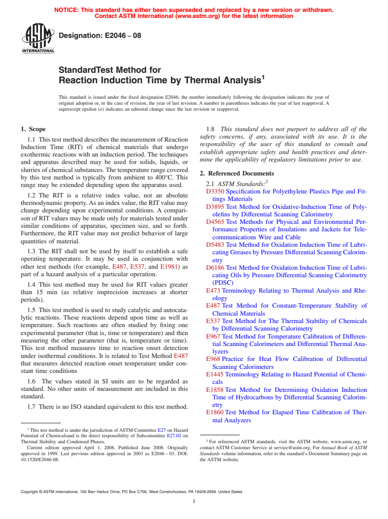 ASTM E2046-08 - Standard Test Method for Reaction Induction Time by Thermal Analysis