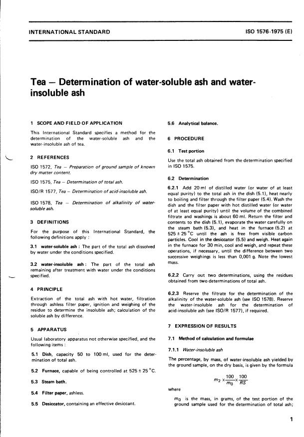 ISO 1576:1975 - Tea -- Determination of water-soluble ash and water-insoluble ash