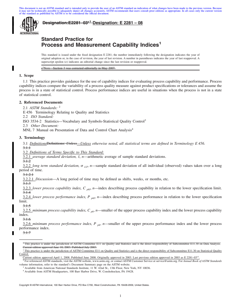 REDLINE ASTM E2281-08 - Standard Practice for Process and Measurement Capability Indices