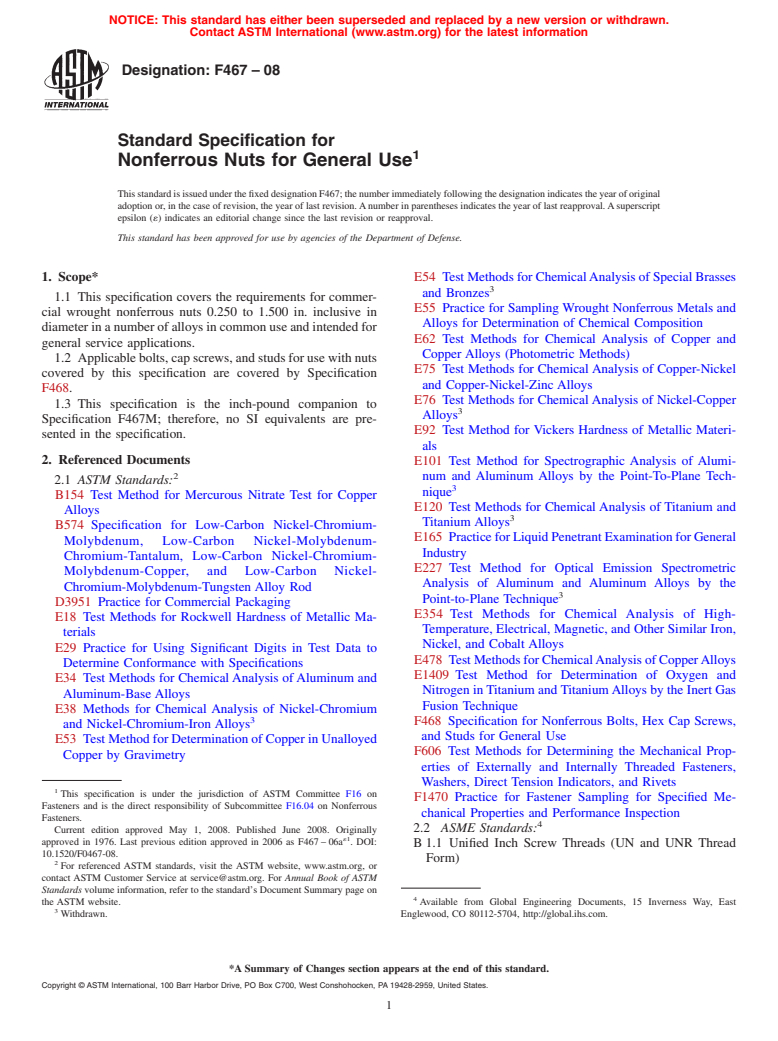 ASTM F467-08 - Standard Specification for  Nonferrous Nuts for General Use