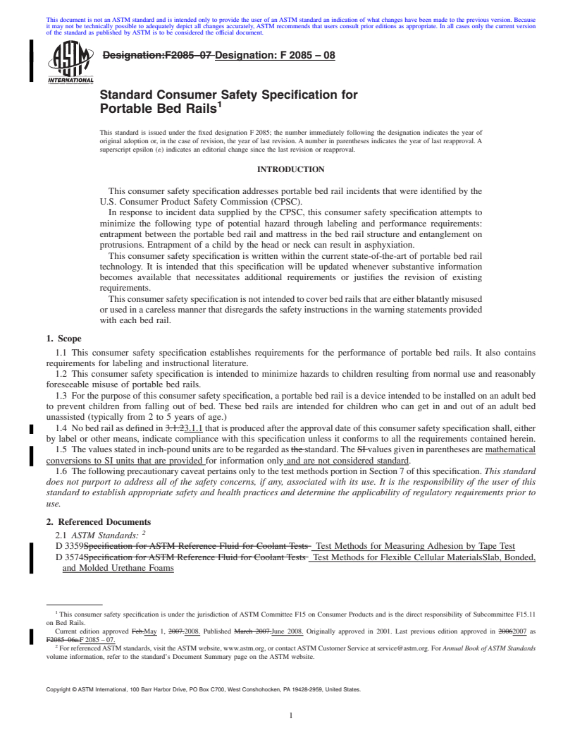 REDLINE ASTM F2085-08 - Standard Consumer Safety Specification for Portable Bed Rails