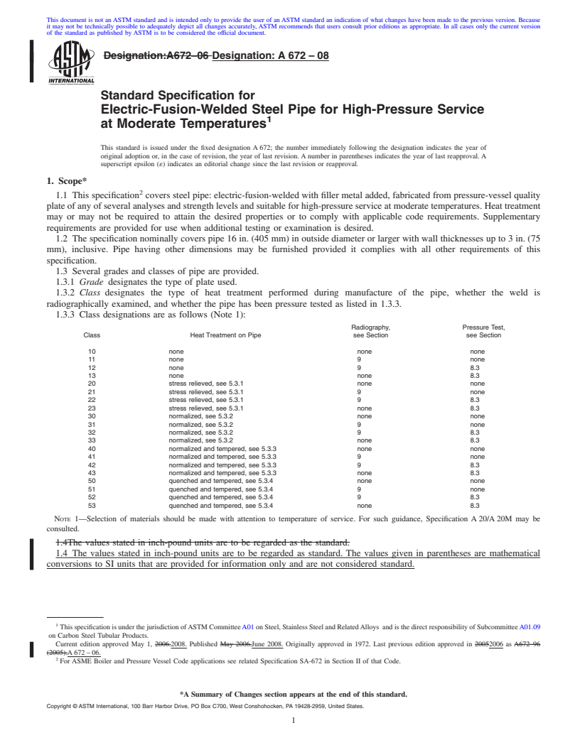 REDLINE ASTM A672-08 - Standard Specification for Electric-Fusion-Welded Steel Pipe for High-Pressure Service at Moderate Temperatures