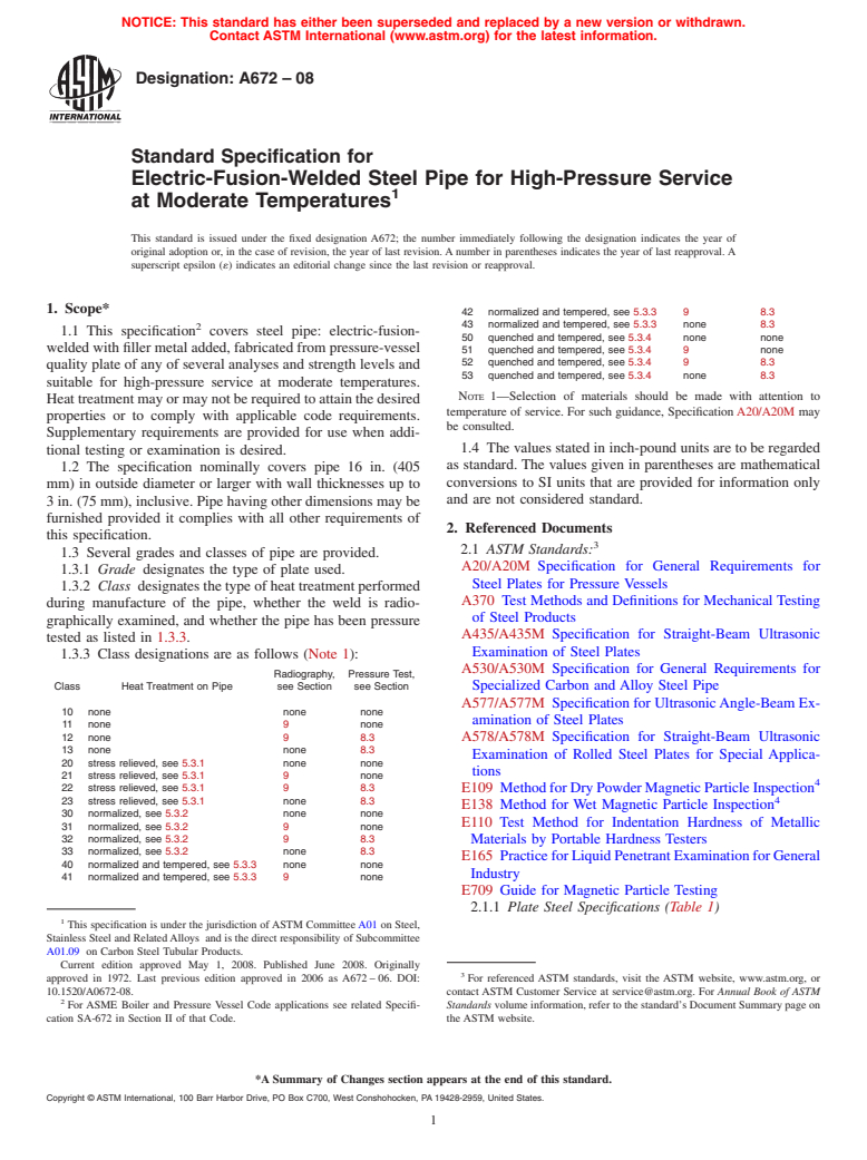 ASTM A672-08 - Standard Specification for Electric-Fusion-Welded Steel Pipe for High-Pressure Service at Moderate Temperatures