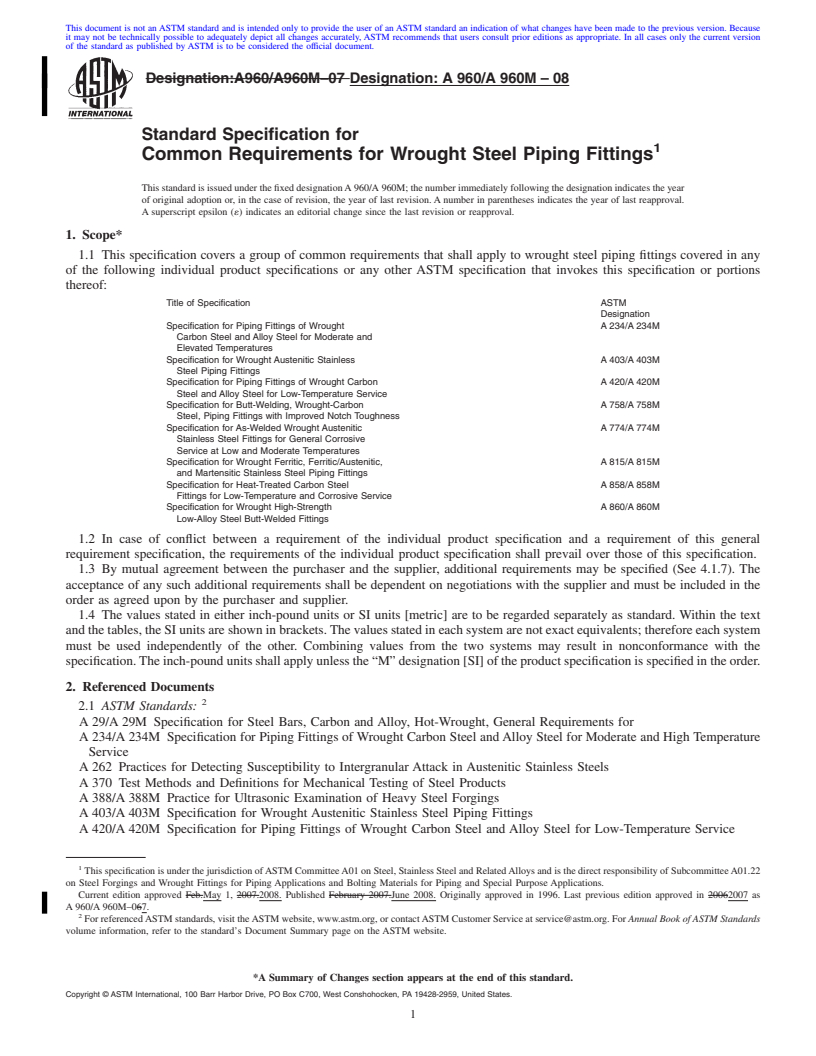 REDLINE ASTM A960/A960M-08 - Standard Specification for  Common Requirements for Wrought Steel Piping Fittings