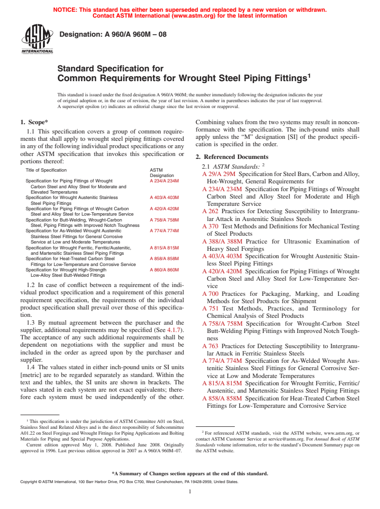 ASTM A960/A960M-08 - Standard Specification for  Common Requirements for Wrought Steel Piping Fittings
