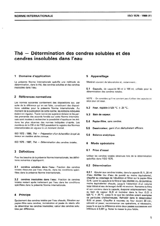 ISO 1576:1988 - Thé -- Détermination des cendres solubles et des cendres insolubles dans l'eau