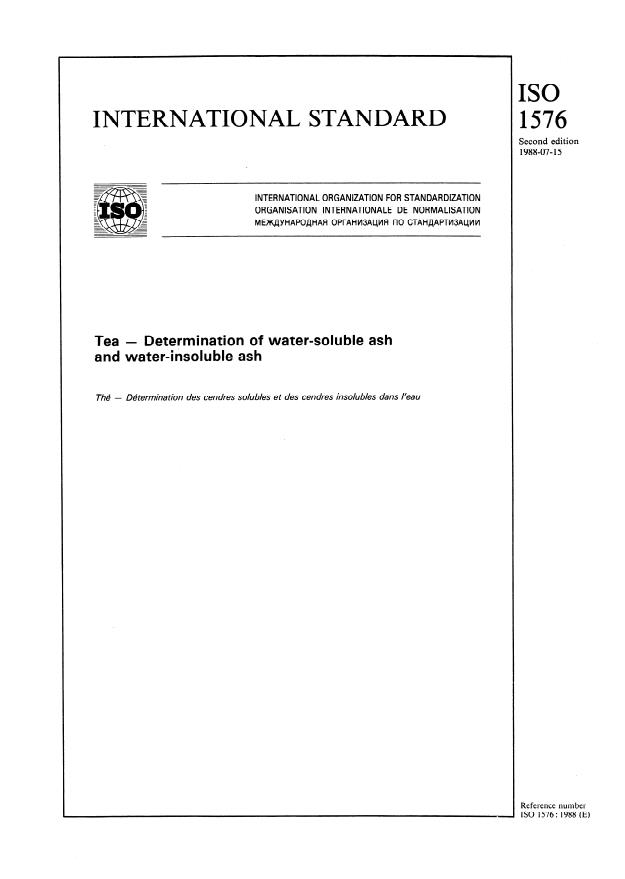 ISO 1576:1988 - Tea -- Determination of water-soluble ash and water-insoluble ash