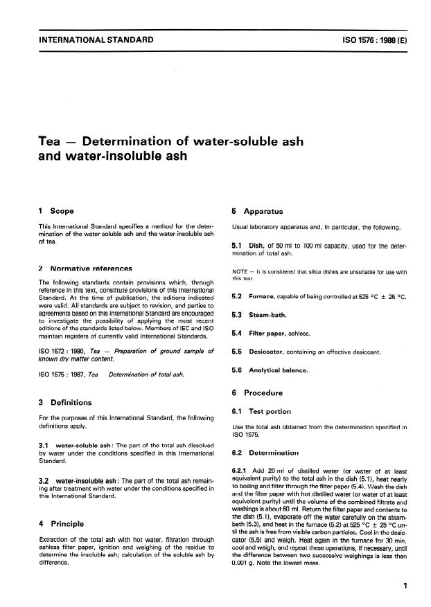 ISO 1576:1988 - Tea -- Determination of water-soluble ash and water-insoluble ash
