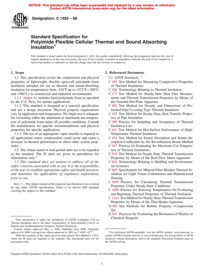 ASTM C1482-08 - Standard Specification for Polyimide Flexible Cellular Thermal and Sound Absorbing Insulation