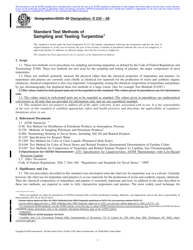 REDLINE ASTM D233-08 - Standard Test Methods of  Sampling and Testing Turpentine