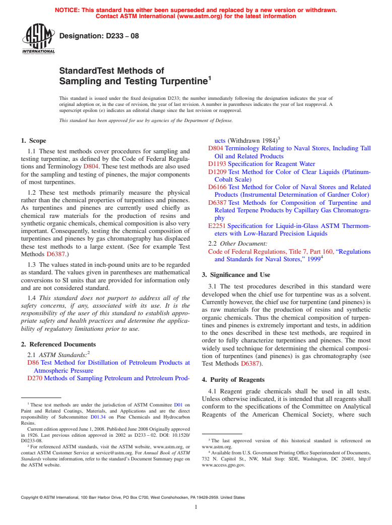 ASTM D233-08 - Standard Test Methods of  Sampling and Testing Turpentine