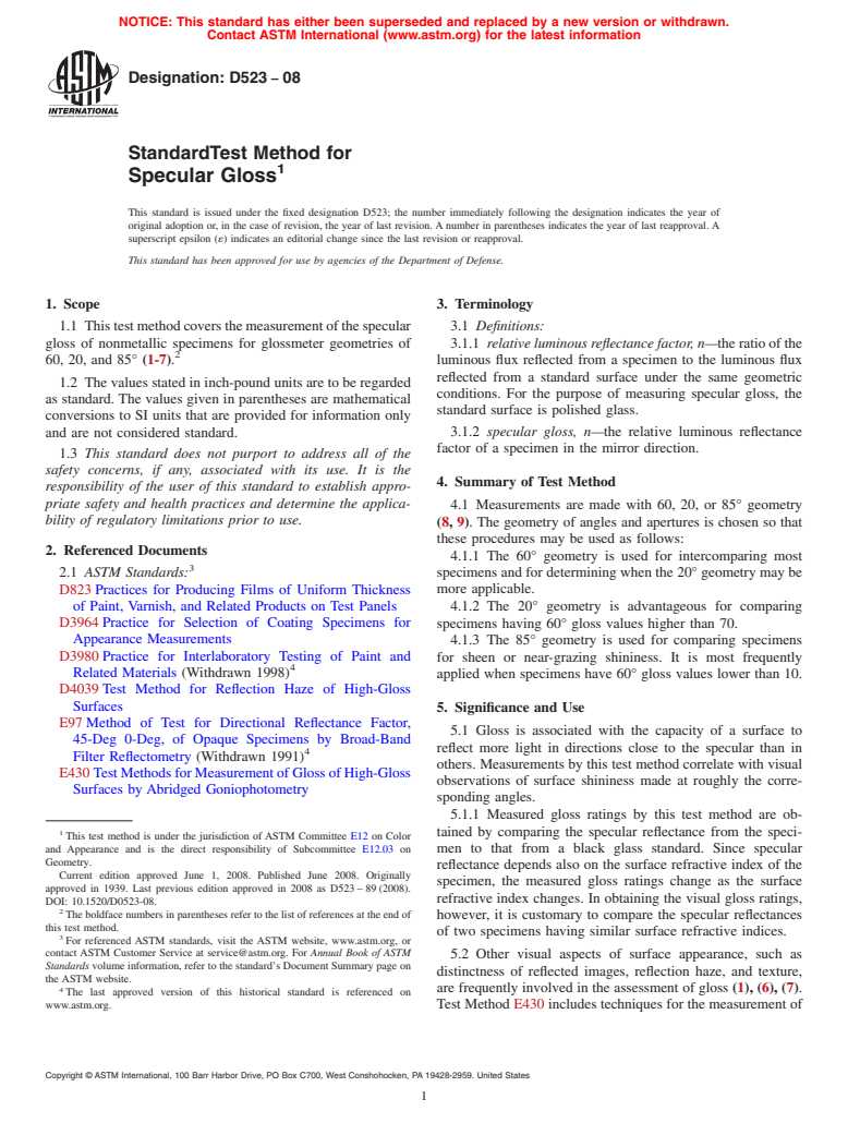 ASTM D523-08 - Standard Test Method for  Specular Gloss