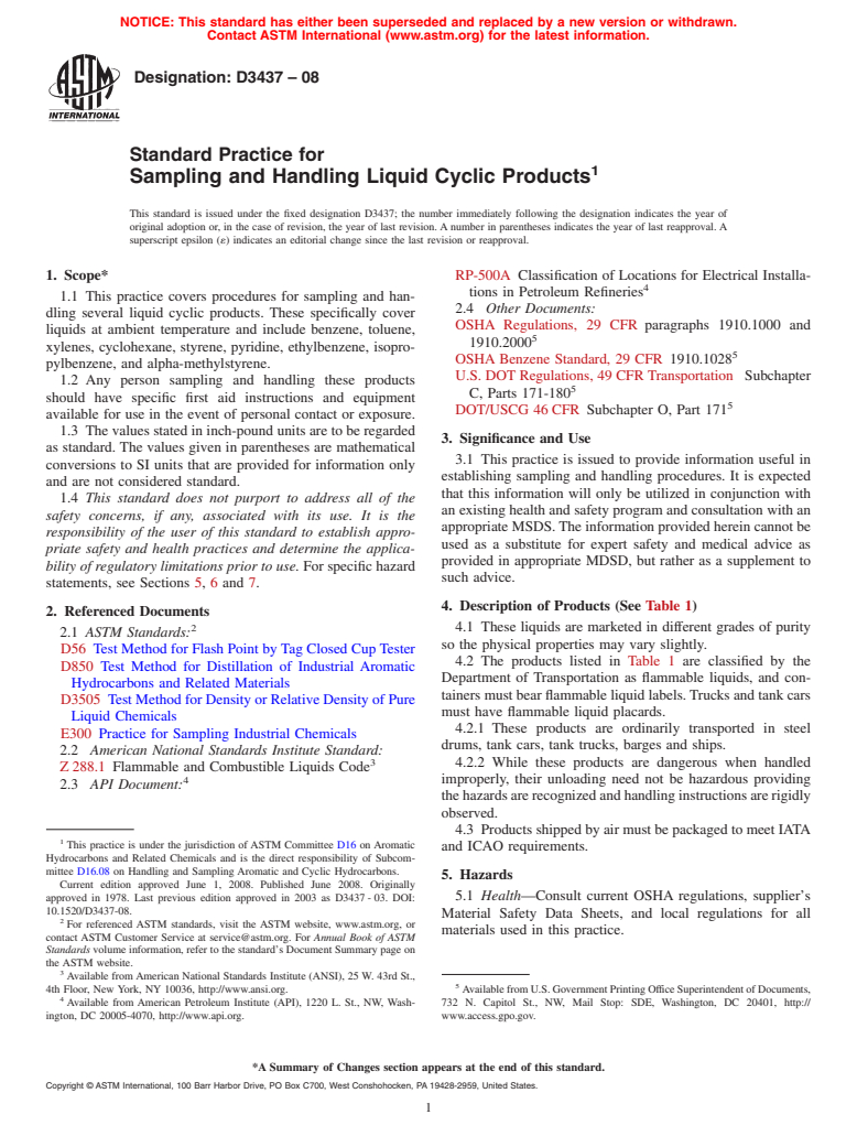 ASTM D3437-08 - Standard Practice for  Sampling and Handling Liquid Cyclic Products