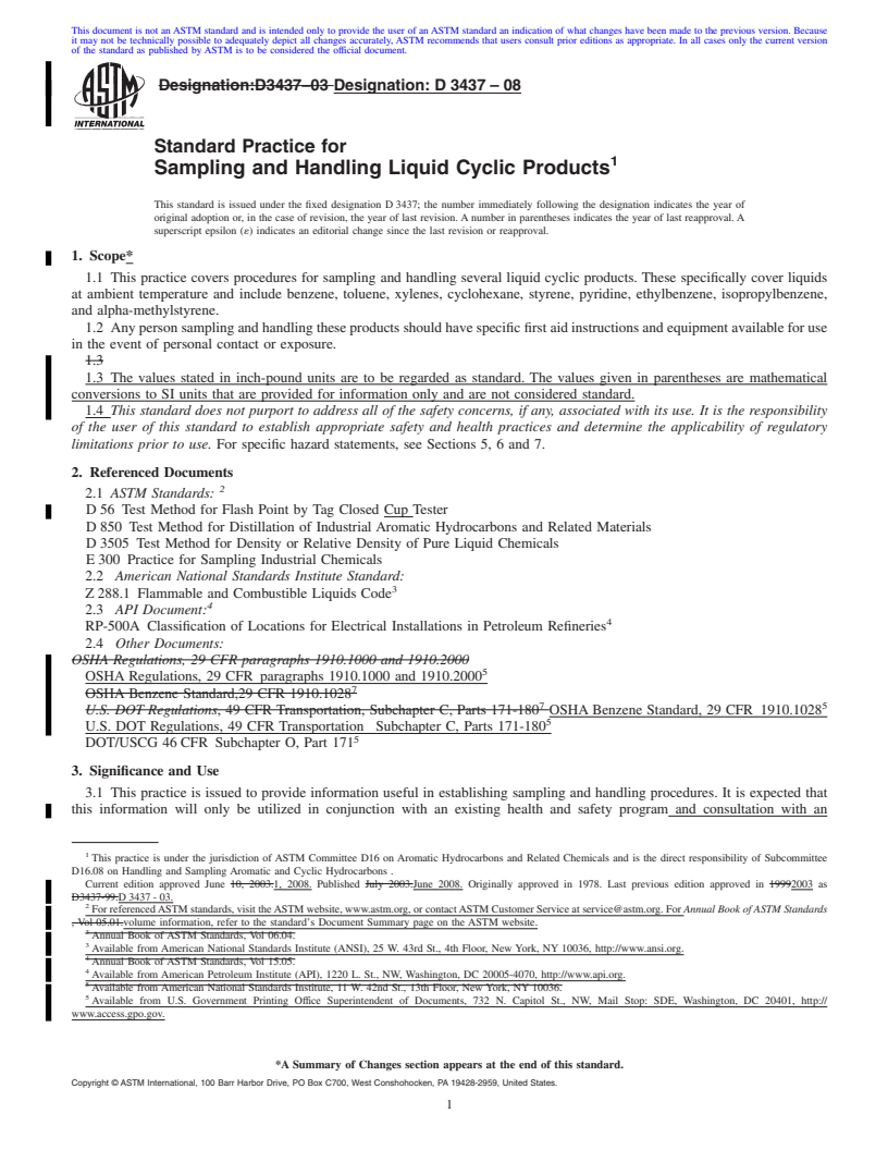 REDLINE ASTM D3437-08 - Standard Practice for  Sampling and Handling Liquid Cyclic Products