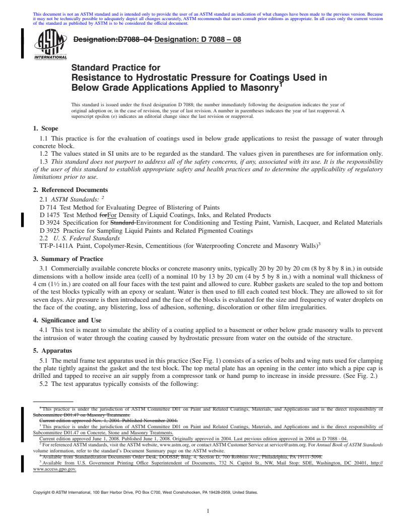 REDLINE ASTM D7088-08 - Standard Practice for Resistance to Hydrostatic Pressure for Coatings Used in Below Grade    Applications Applied to Masonry (Withdrawn 2017)