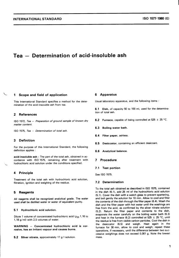 ISO 1577:1980 - Tea -- Determination of acid-insoluble ash