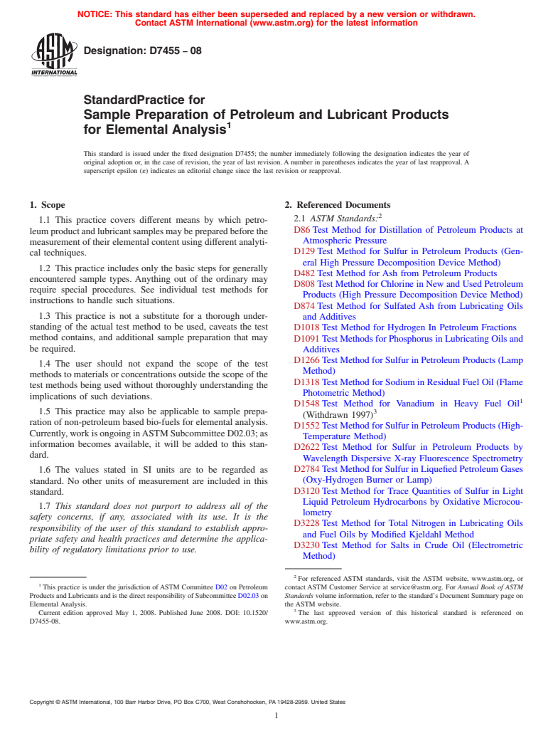 ASTM D7455-08 - Standard Practice for Sample Preparation of Petroleum and Lubricant Products for Elemental Analysis