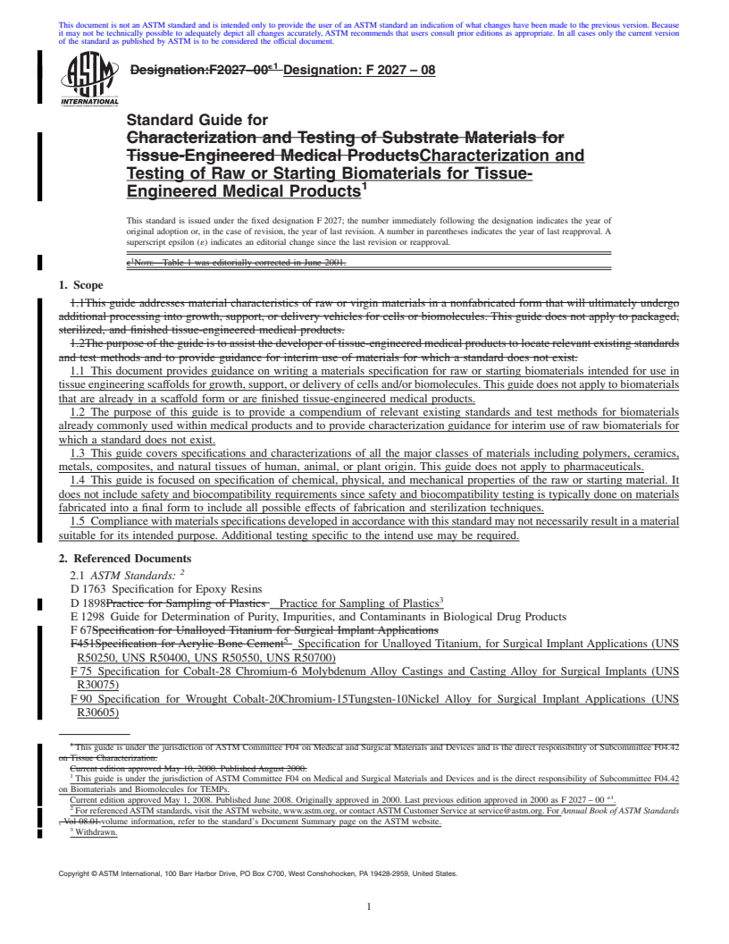 REDLINE ASTM F2027-08 - Standard Guide for Characterization and Testing of Raw or Starting Biomaterials for Tissue-Engineered Medical Products