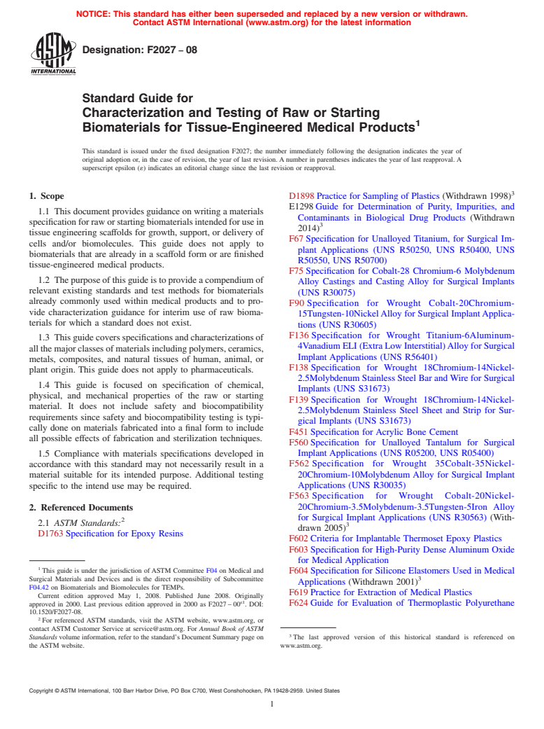 ASTM F2027-08 - Standard Guide for Characterization and Testing of Raw or Starting Biomaterials for Tissue-Engineered Medical Products