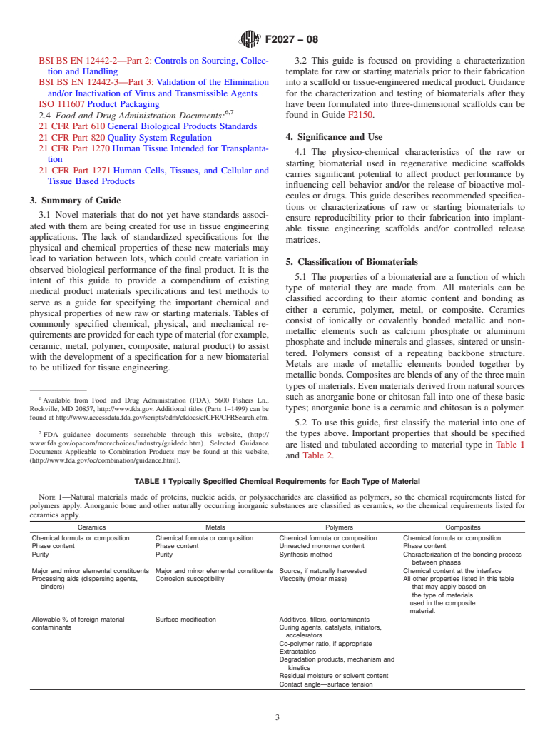 ASTM F2027-08 - Standard Guide for Characterization and Testing of Raw or Starting Biomaterials for Tissue-Engineered Medical Products