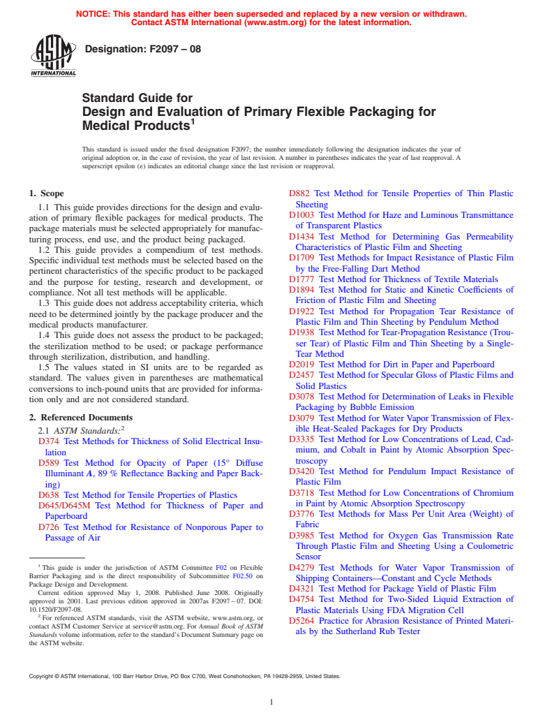 ASTM F2097-08 - Standard Guide for Design and Evaluation of Primary Flexible Packaging for Medical Products