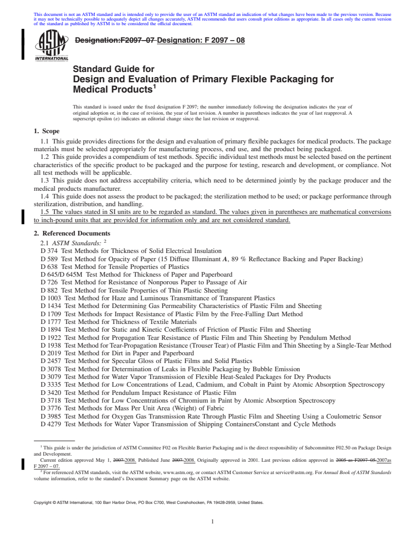 REDLINE ASTM F2097-08 - Standard Guide for Design and Evaluation of Primary Flexible Packaging for Medical Products
