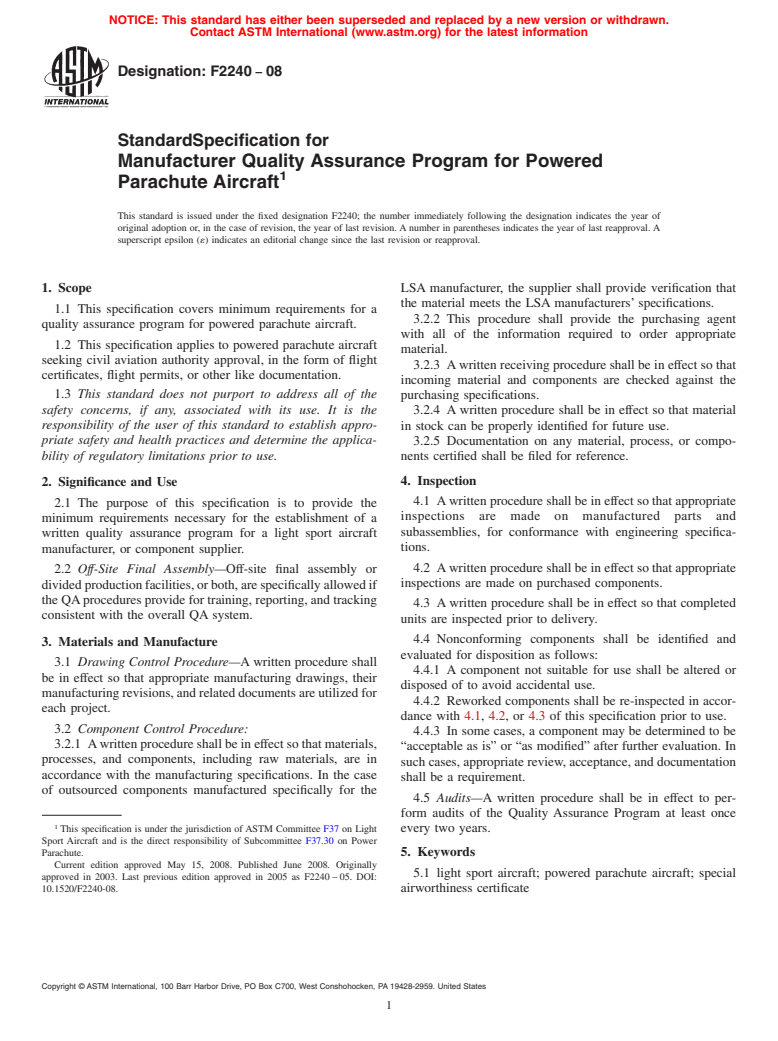 ASTM F2240-08 - Standard Specification for Manufacturer Quality Assurance Program for Powered Parachute Aircraft