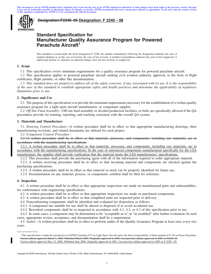 REDLINE ASTM F2240-08 - Standard Specification for Manufacturer Quality Assurance Program for Powered Parachute Aircraft