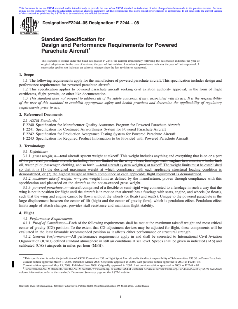 REDLINE ASTM F2244-08 - Standard Specification for Design and Performance Requirements for Powered Parachute Aircraft