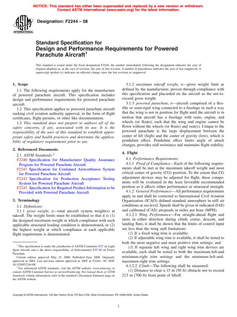 ASTM F2244-08 - Standard Specification for Design and Performance Requirements for Powered Parachute Aircraft