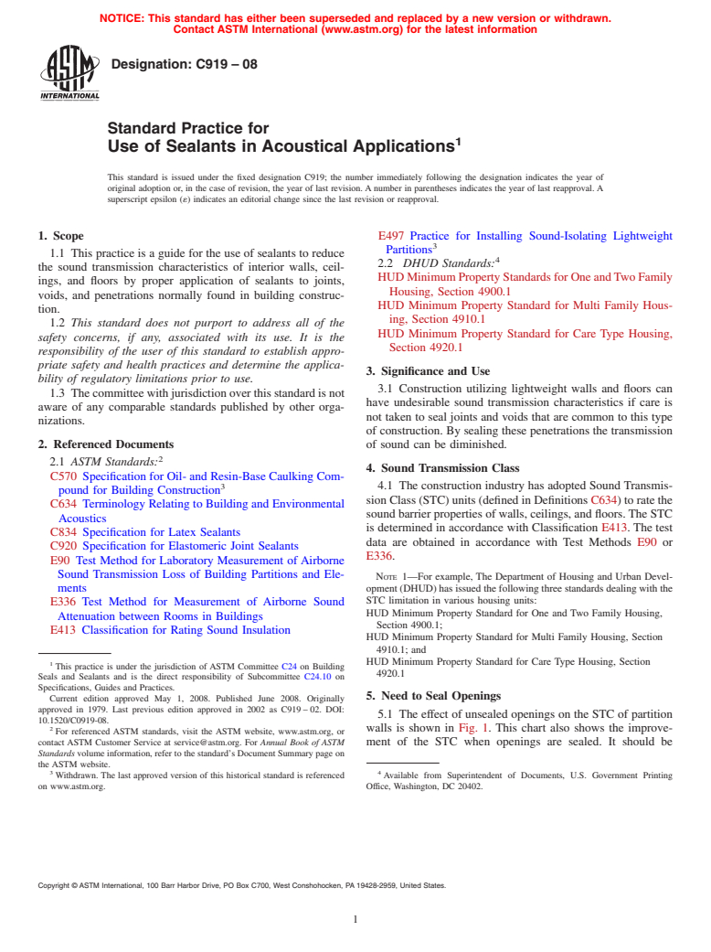 ASTM C919-08 - Standard Practice for  Use of Sealants in Acoustical Applications