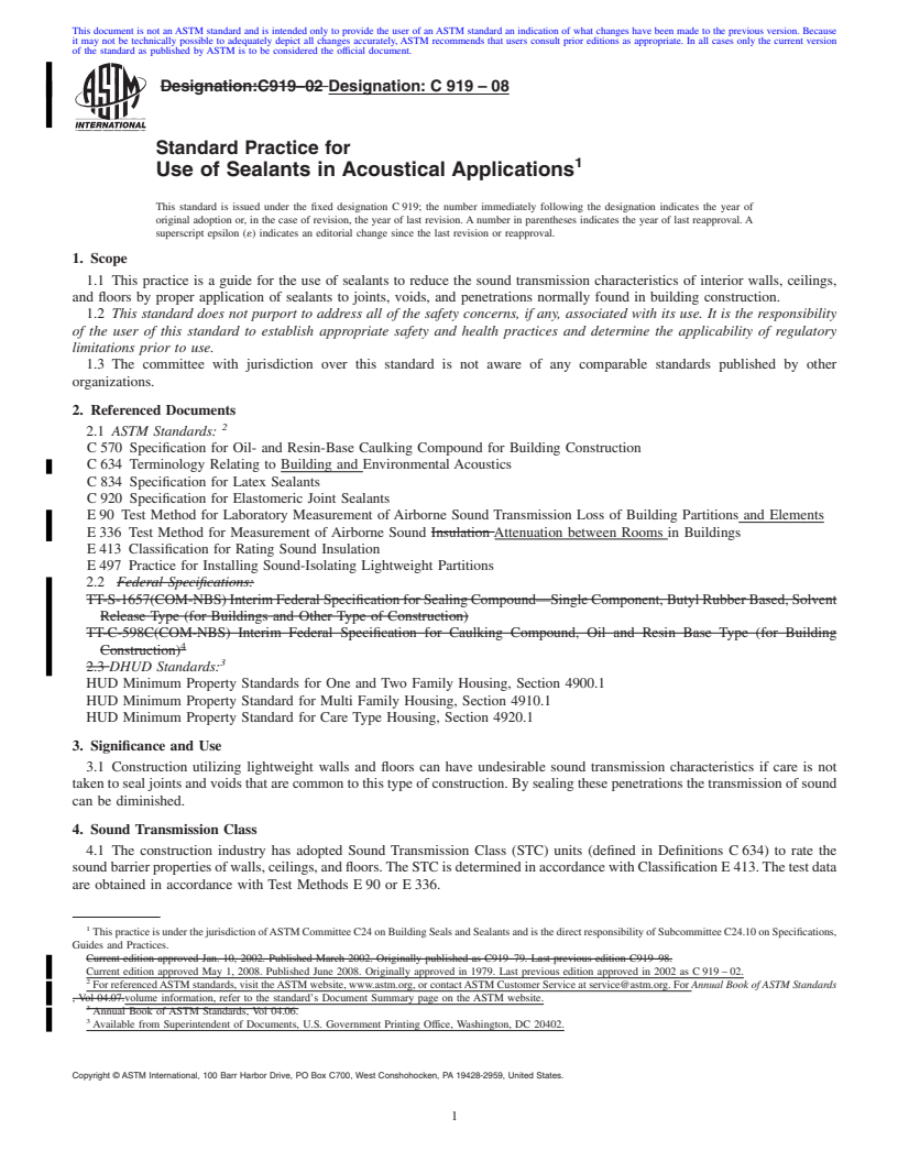 REDLINE ASTM C919-08 - Standard Practice for  Use of Sealants in Acoustical Applications