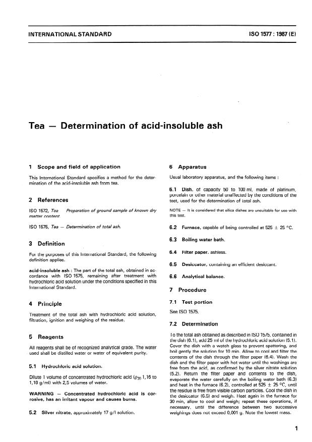 ISO 1577:1987 - Tea -- Determination of acid-insoluble ash