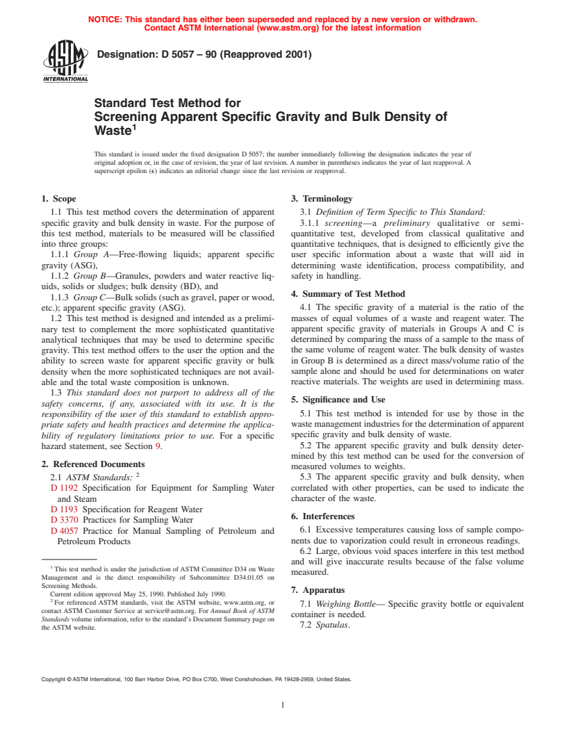 ASTM D5057-90(2001) - Standard Test Method for Screening Apparent Specific Gravity and Bulk Density of Waste