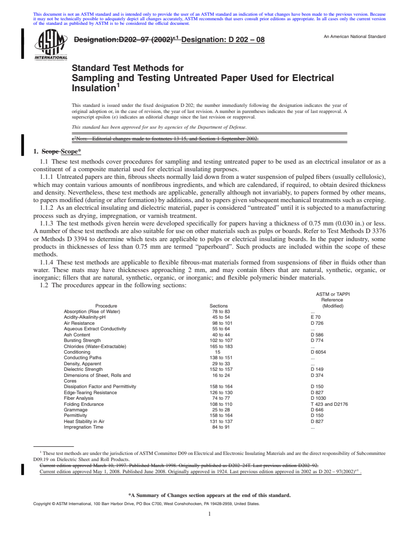 REDLINE ASTM D202-08 - Standard Test Methods for Sampling and Testing Untreated Paper Used for Electrical Insulation