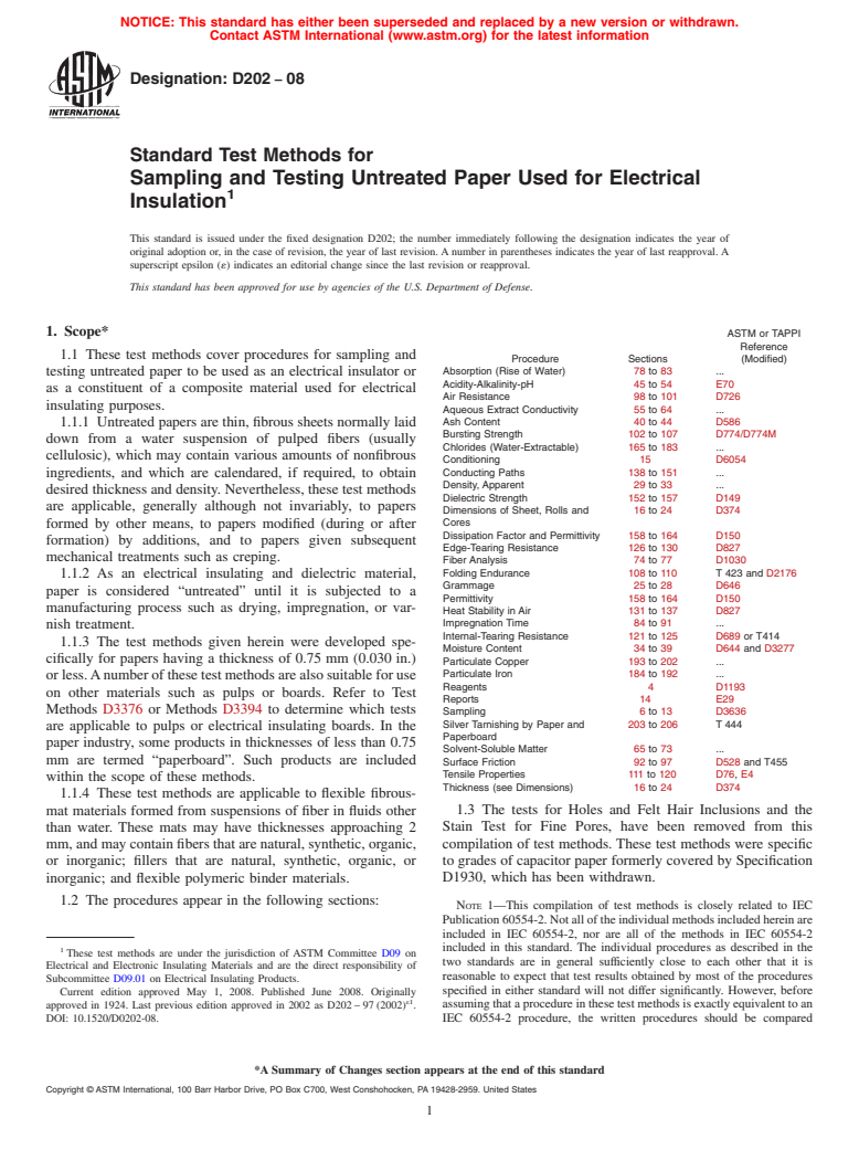 ASTM D202-08 - Standard Test Methods for Sampling and Testing Untreated Paper Used for Electrical Insulation