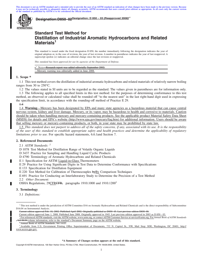 REDLINE ASTM D850-03(2008)e1 - Standard Test Method for Distillation of Industrial Aromatic Hydrocarbons and Related Materials