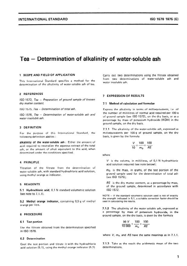 ISO 1578:1975 - Tea -- Determination of alkalinity of water-soluble ash