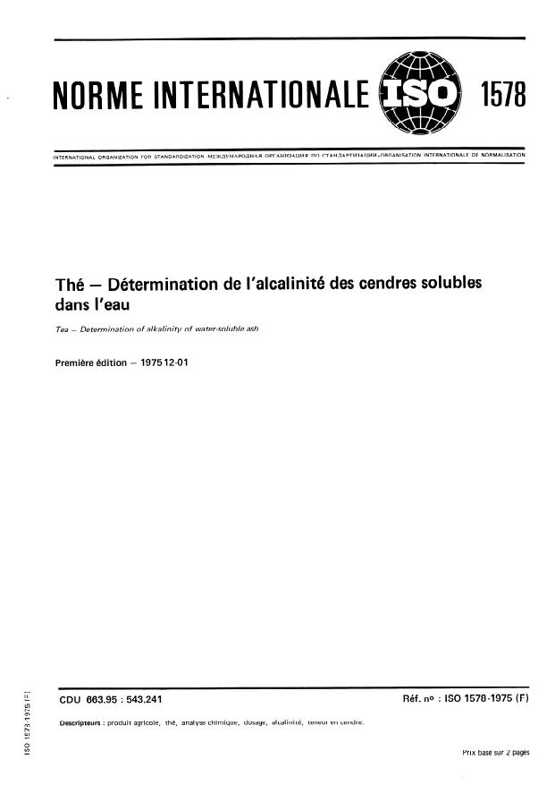 ISO 1578:1975 - Thé -- Détermination de l'alcalinité des cendres solubles dans l'eau