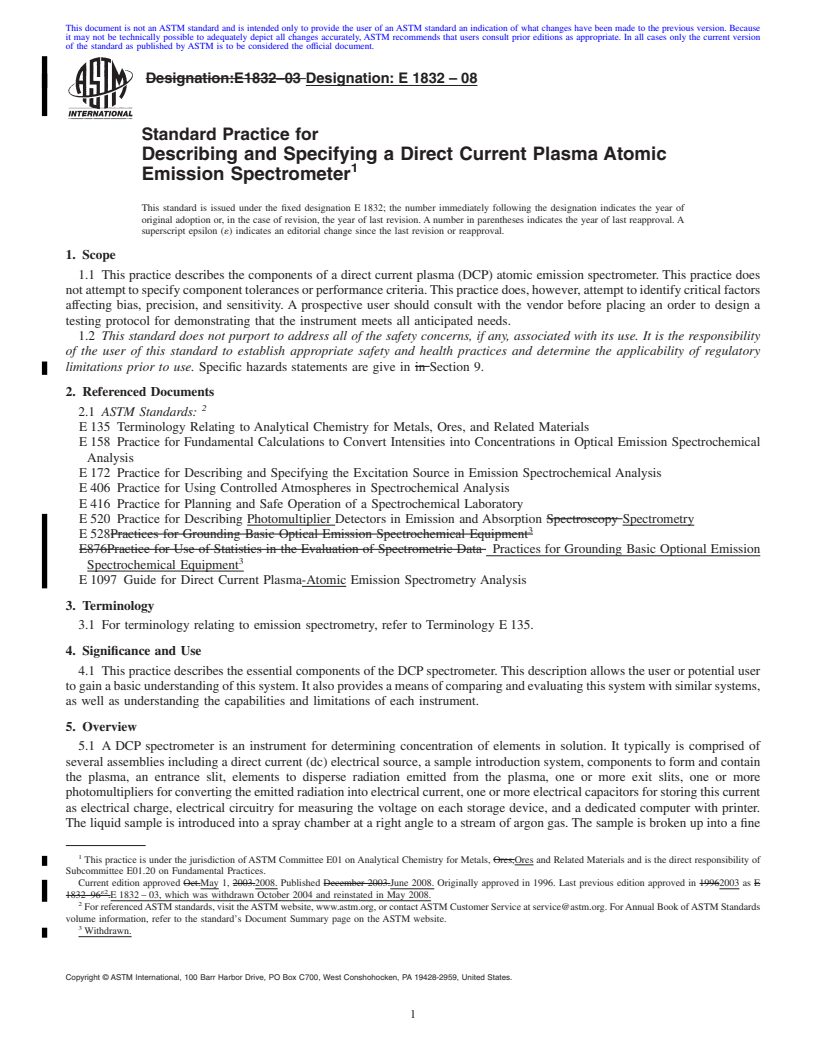 REDLINE ASTM E1832-08 - Standard Practice for  Describing and Specifying a Direct Current Plasma Atomic Emission Spectrometer