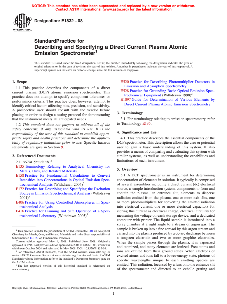 ASTM E1832-08 - Standard Practice for  Describing and Specifying a Direct Current Plasma Atomic Emission Spectrometer