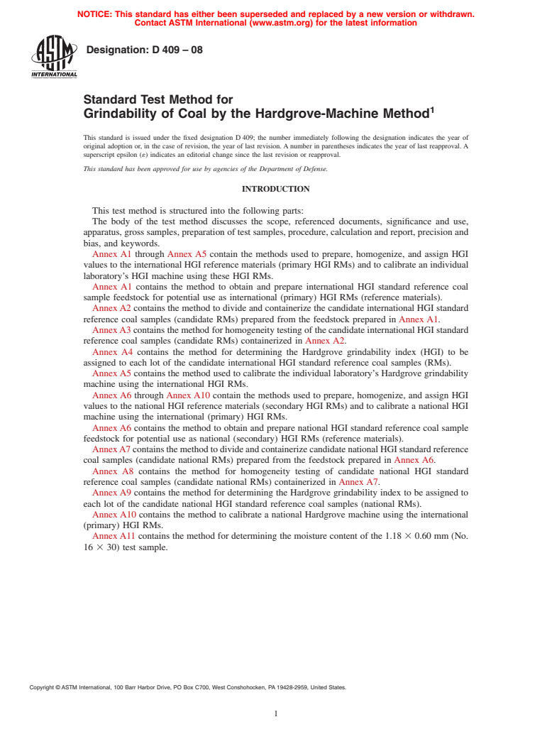 ASTM D409-08 - Standard Test Method for Grindability of Coal by the Hardgrove-Machine Method