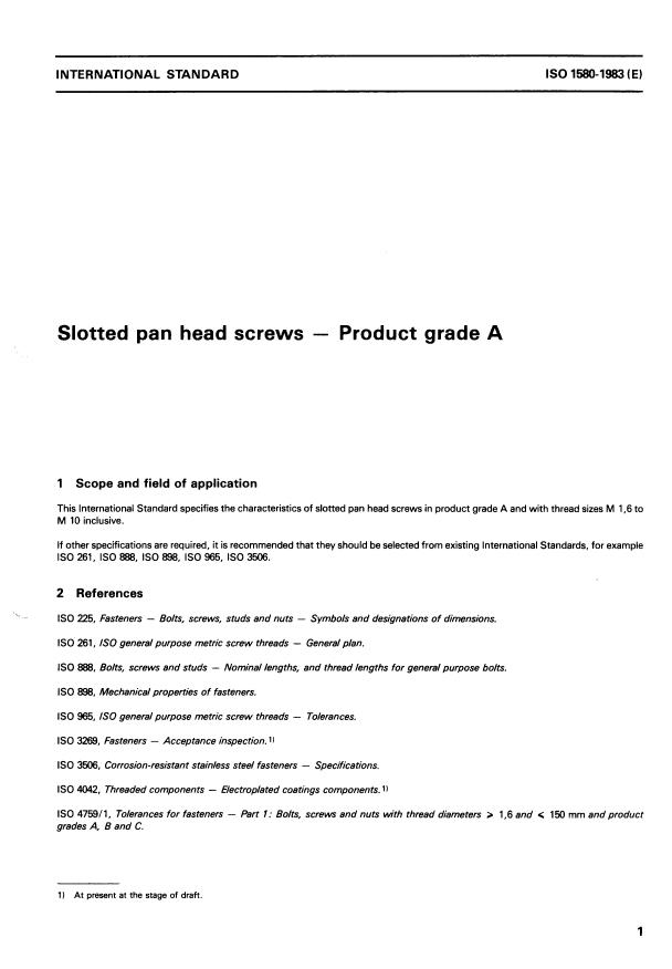 ISO 1580:1983 - Slotted pan head screws -- Product grade A