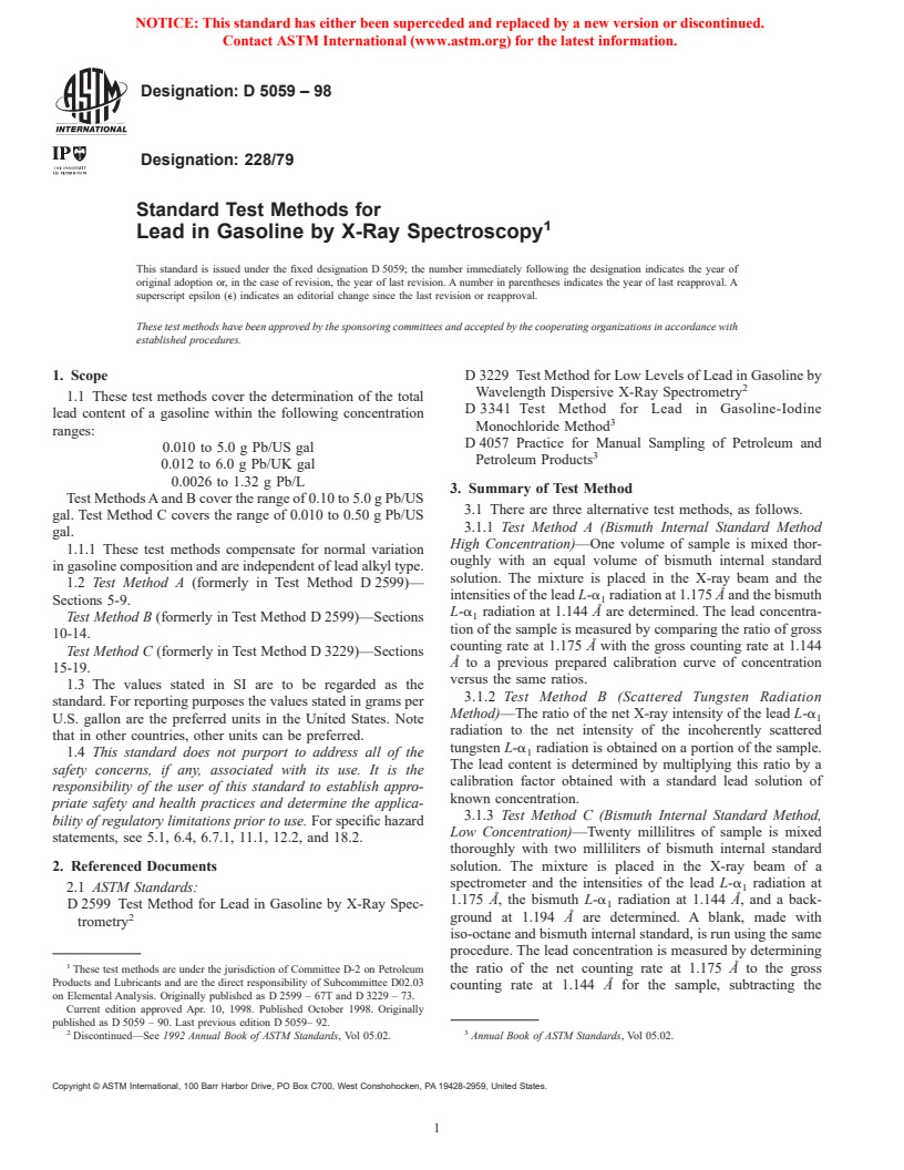 ASTM D5059-98 - Standard Test Methods for Lead in Gasoline by X-Ray Spectroscopy