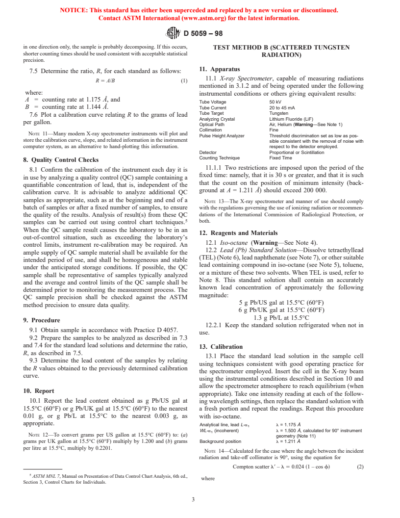 ASTM D5059-98 - Standard Test Methods for Lead in Gasoline by X-Ray Spectroscopy